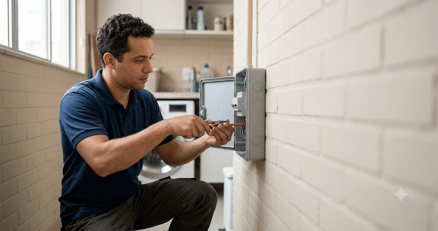 Eletricista realizando instalação elétrica residencial